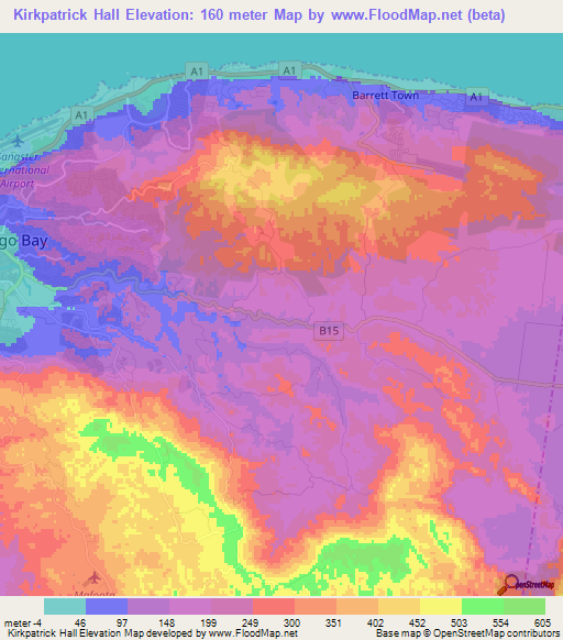 Kirkpatrick Hall,Jamaica Elevation Map