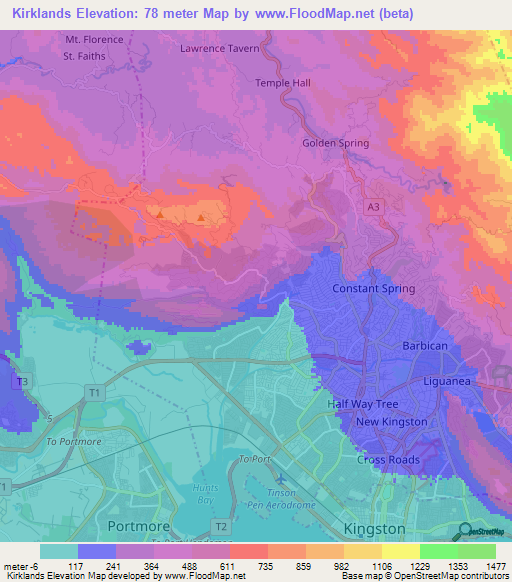 Kirklands,Jamaica Elevation Map