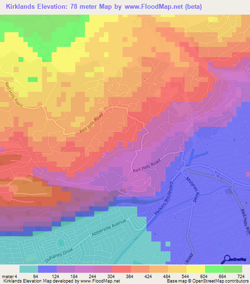 Kirklands,Jamaica Elevation Map