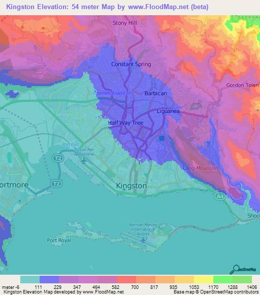 Kingston,Jamaica Elevation Map