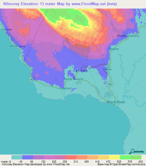 Kilmorey,Jamaica Elevation Map