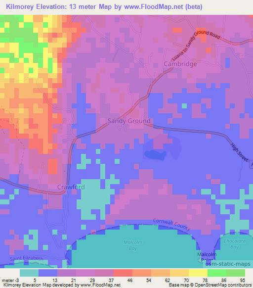 Kilmorey,Jamaica Elevation Map
