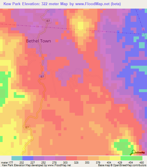 Kew Park,Jamaica Elevation Map