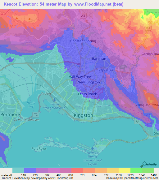 Kencot,Jamaica Elevation Map