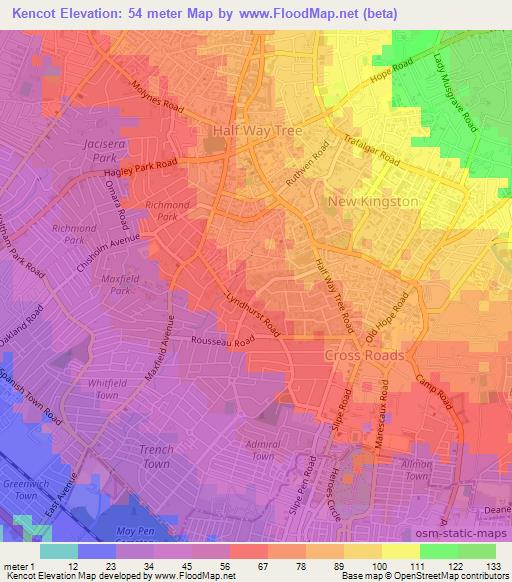 Kencot,Jamaica Elevation Map