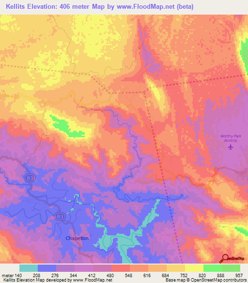 Kellits,Jamaica Elevation Map