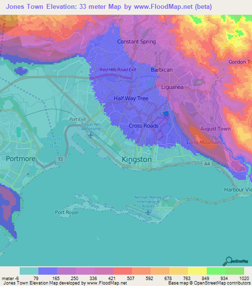 Jones Town,Jamaica Elevation Map