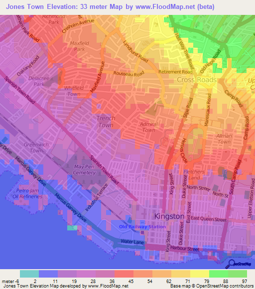 Jones Town,Jamaica Elevation Map