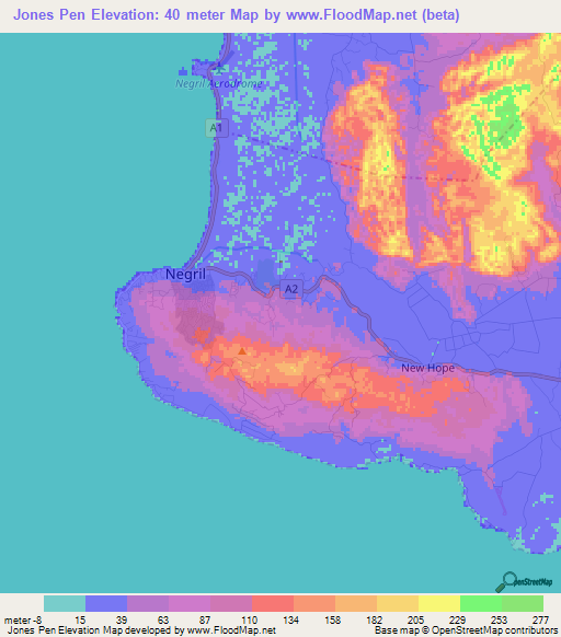 Jones Pen,Jamaica Elevation Map