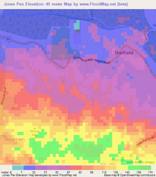 Jones Pen,Jamaica Elevation Map