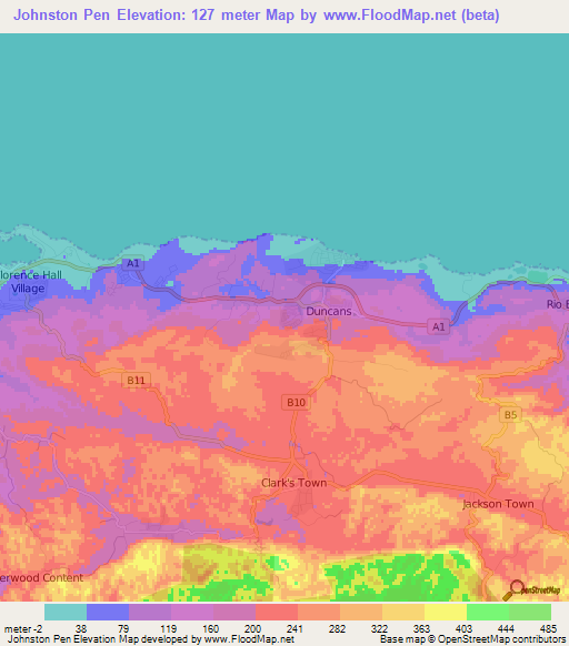 Johnston Pen,Jamaica Elevation Map