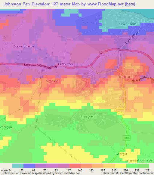 Johnston Pen,Jamaica Elevation Map