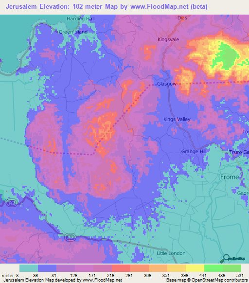 Jerusalem,Jamaica Elevation Map