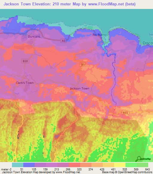 Jackson Town,Jamaica Elevation Map