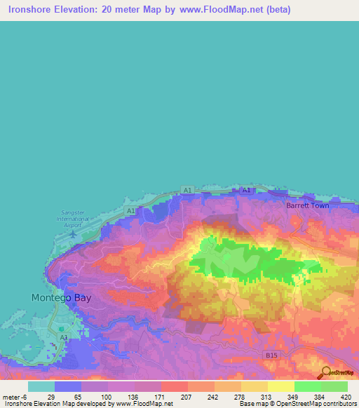 Ironshore,Jamaica Elevation Map