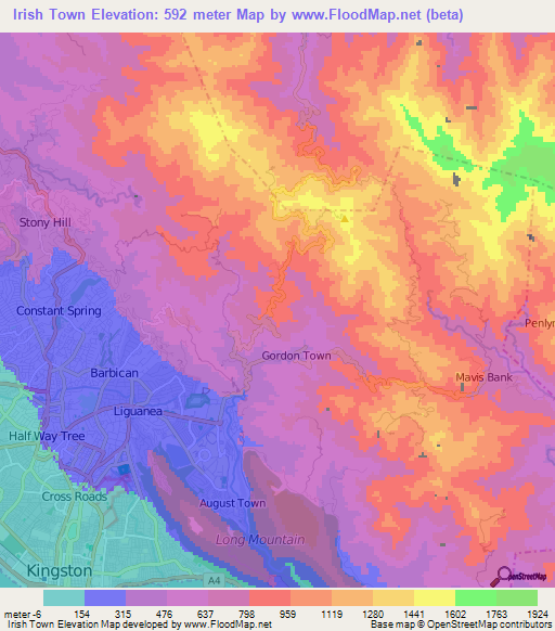 Irish Town,Jamaica Elevation Map