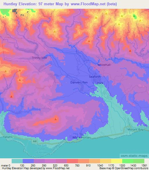 Huntley,Jamaica Elevation Map