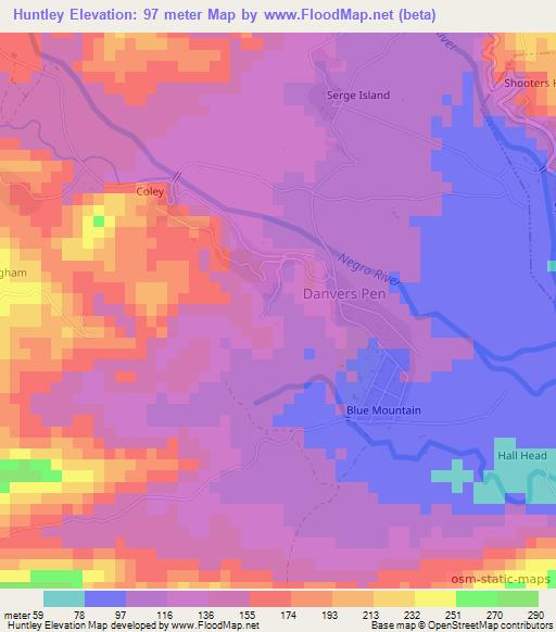 Huntley,Jamaica Elevation Map
