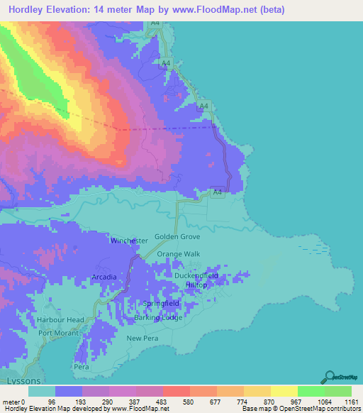 Hordley,Jamaica Elevation Map