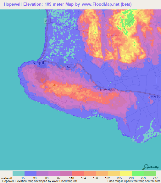 Hopewell,Jamaica Elevation Map