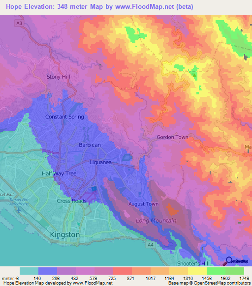 Hope,Jamaica Elevation Map