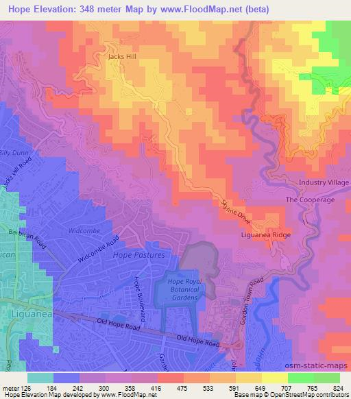 Hope,Jamaica Elevation Map