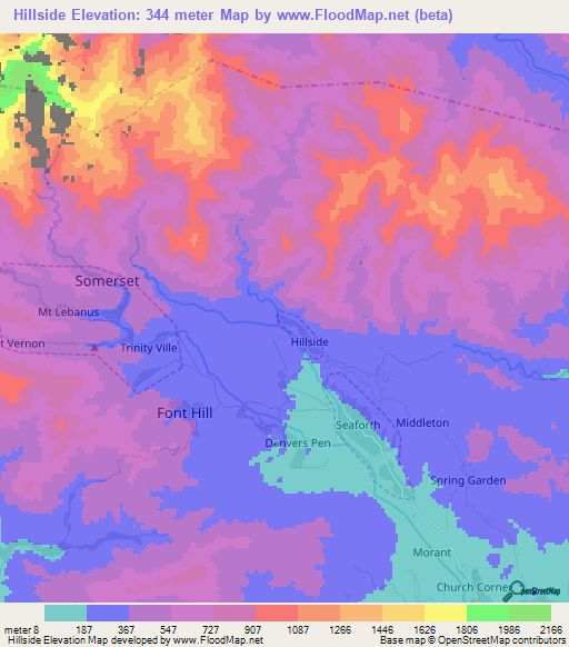 Hillside,Jamaica Elevation Map