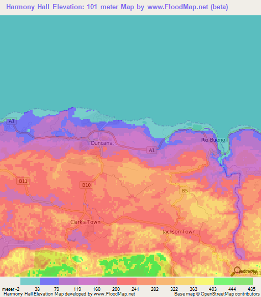 Harmony Hall,Jamaica Elevation Map