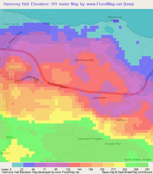 Harmony Hall,Jamaica Elevation Map