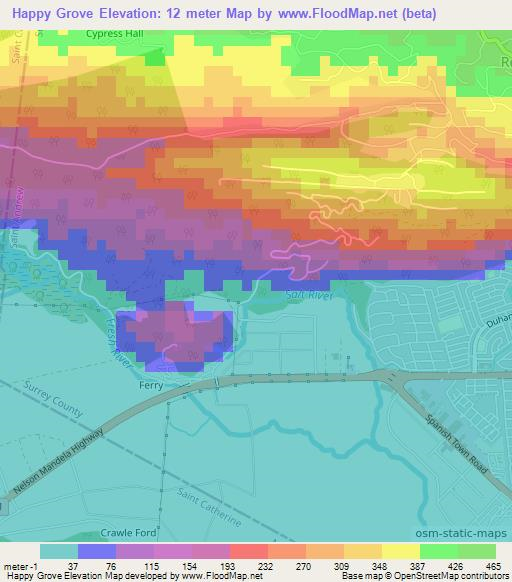 Happy Grove,Jamaica Elevation Map