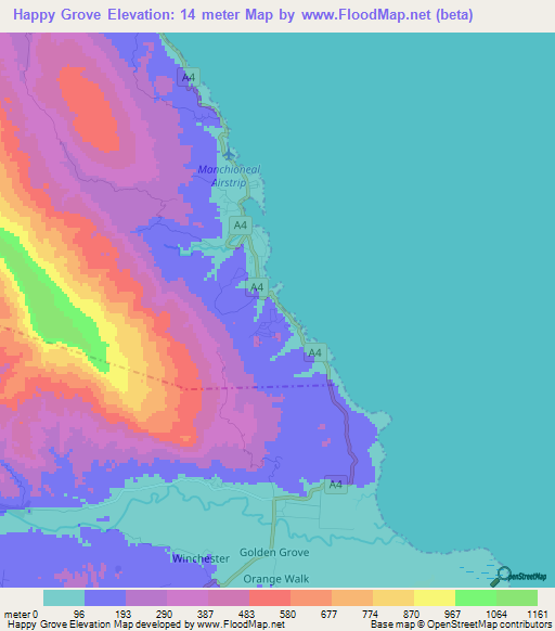 Happy Grove,Jamaica Elevation Map