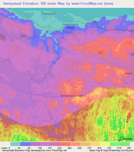 Hampstead,Jamaica Elevation Map