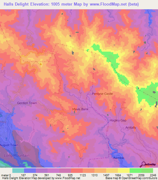 Halls Delight,Jamaica Elevation Map