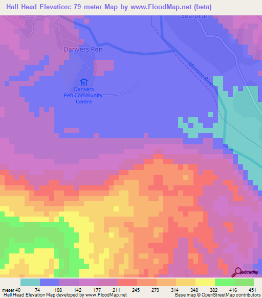 Hall Head,Jamaica Elevation Map