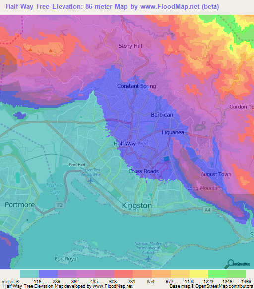 Half Way Tree,Jamaica Elevation Map