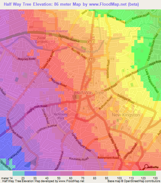 Half Way Tree,Jamaica Elevation Map