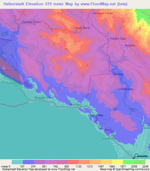 Halberstadt,Jamaica Elevation Map