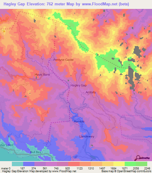 Hagley Gap,Jamaica Elevation Map