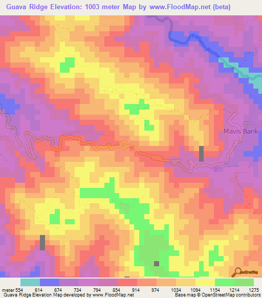 Guava Ridge,Jamaica Elevation Map