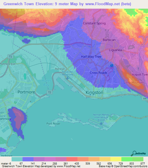 Greenwich Town,Jamaica Elevation Map