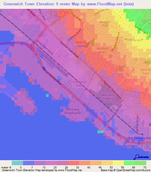 Greenwich Town,Jamaica Elevation Map