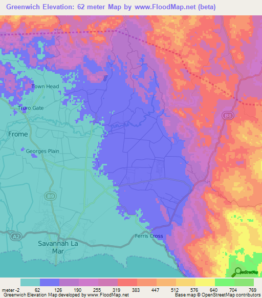 Greenwich,Jamaica Elevation Map