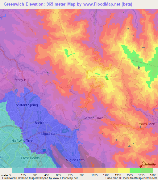 Greenwich,Jamaica Elevation Map