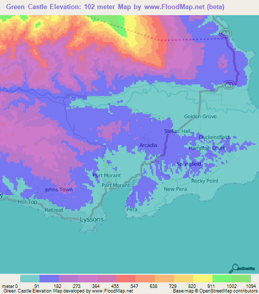 Green Castle,Jamaica Elevation Map