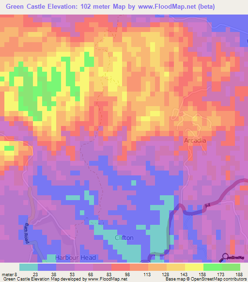 Green Castle,Jamaica Elevation Map