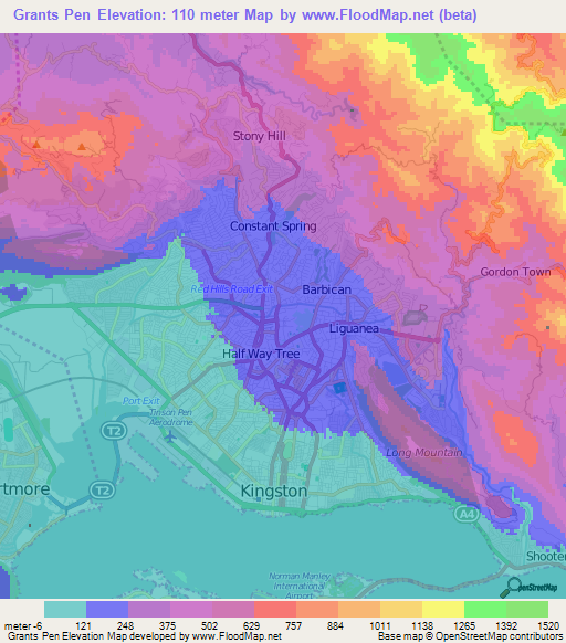 Grants Pen,Jamaica Elevation Map