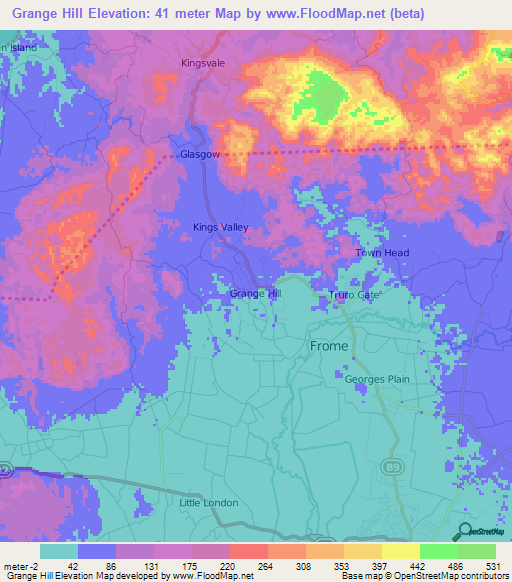 Grange Hill,Jamaica Elevation Map