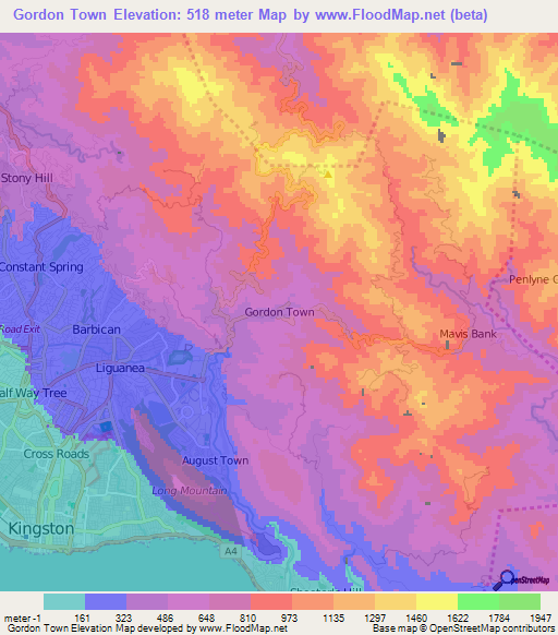 Gordon Town,Jamaica Elevation Map