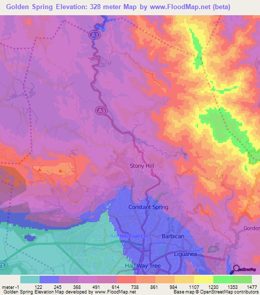 Golden Spring,Jamaica Elevation Map