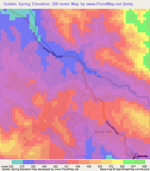 Golden Spring,Jamaica Elevation Map